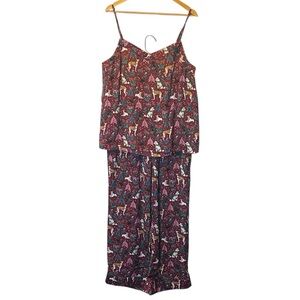 Lands End Pajama Set Women Large Burgundy Holiday Hounds Print Pull On Pant Tank